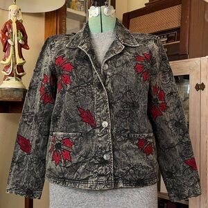 Y2K Acid Wash Denim Jean Jacket Oversized Embroidered Floral Patch Boho Grunge